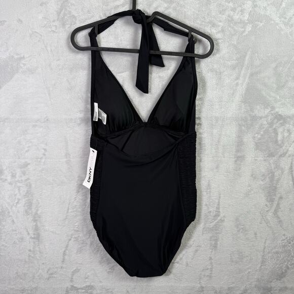 DKNY One Piece Swimsuit Women's 10 Black Scrunch Slim Sides V Neck Tie Halter - Picture 5 of 11
